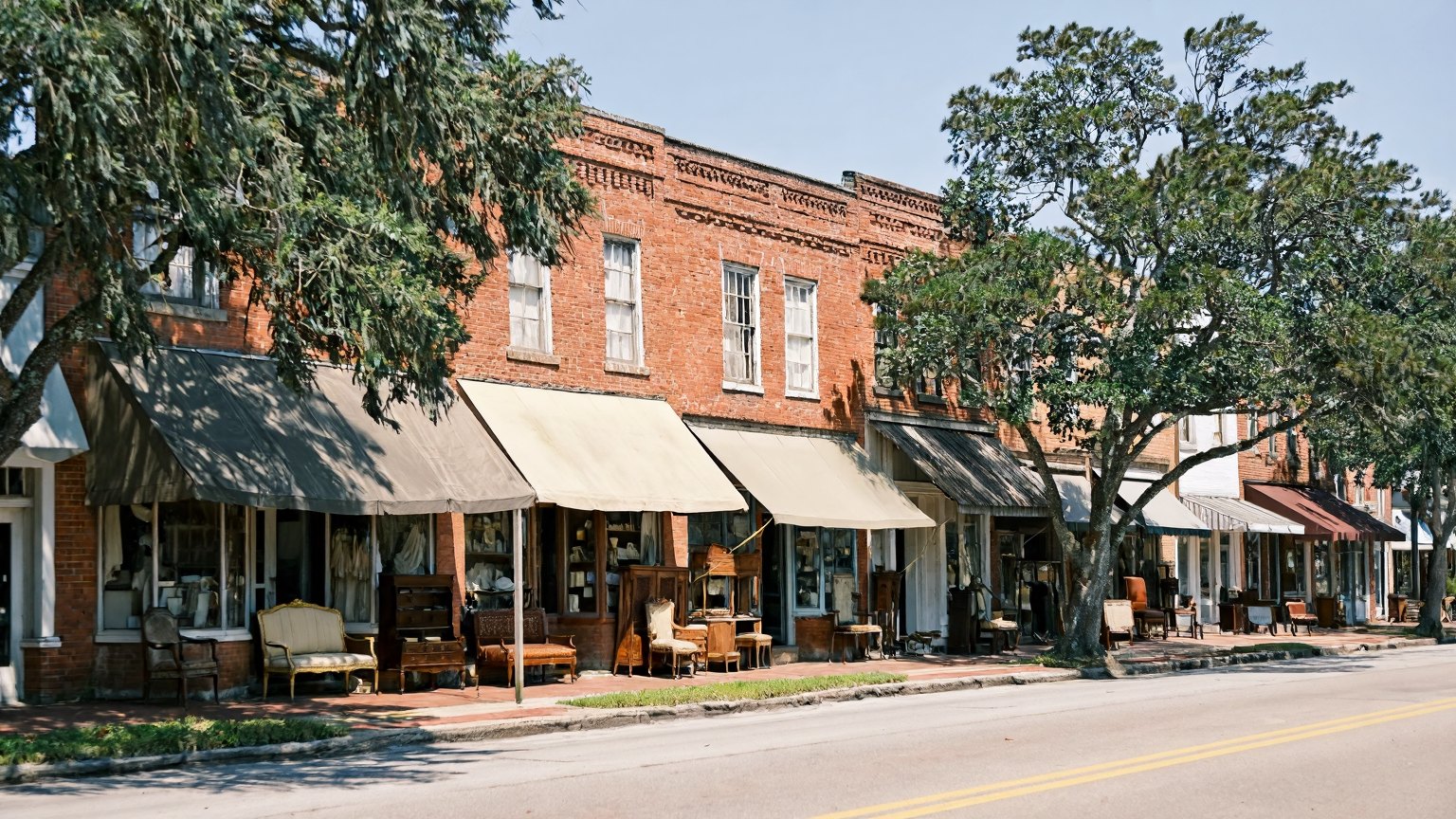 Historic red brick antique shop storefronts on a tree-lined main street in downtown Ponchatoula Louisiana