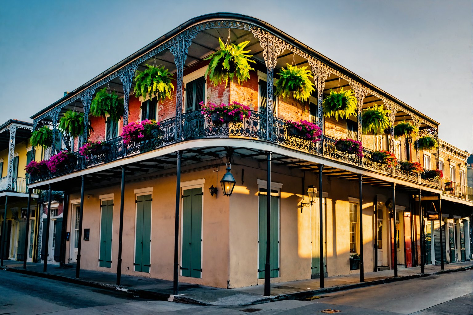 Wrought-iron balconies draped with ferns and bougainvillea on a French Quarter corner building in New Orleans at golden hour