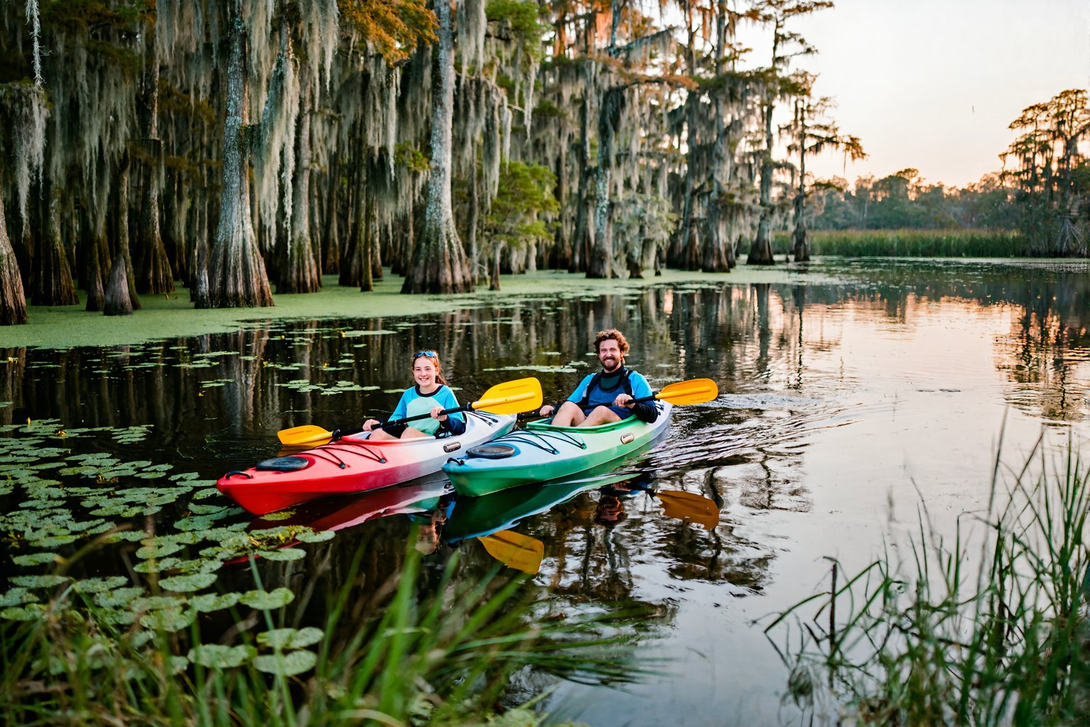 Two kayakers paddling a calm Louisiana cypress bayou at golden hour