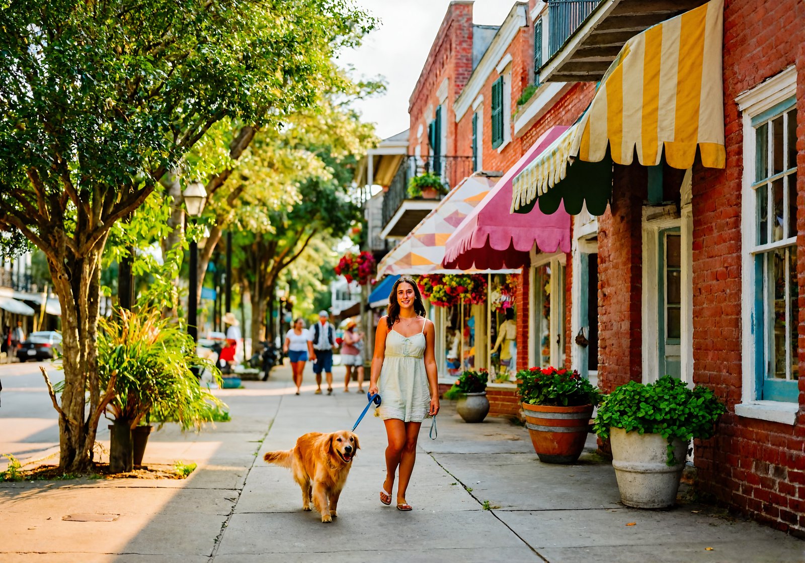 Woman walking a golden retriever on a leash past brick antique shops on a sunny downtown sidewalk