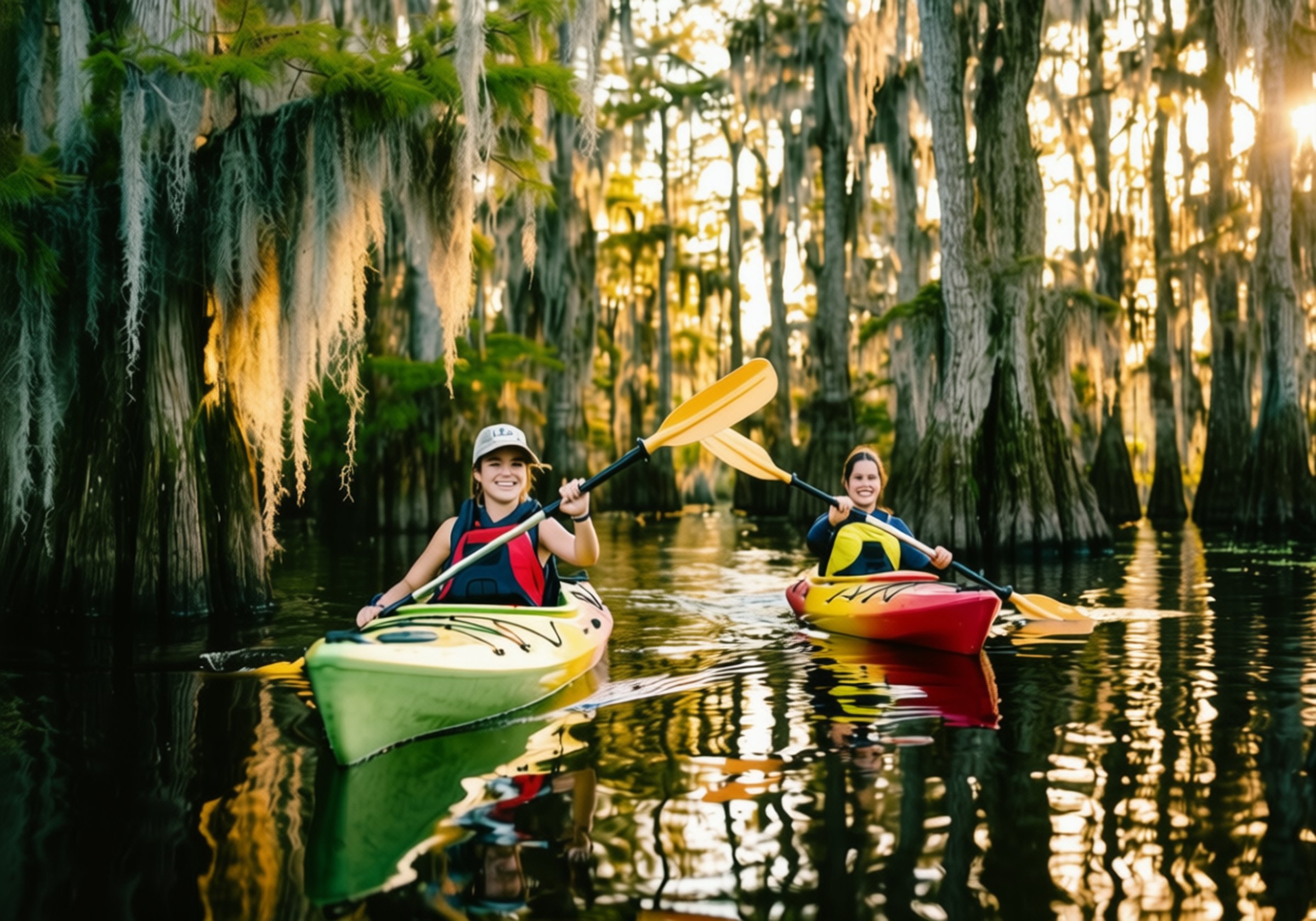 Two paddlers kayaking a moss-draped Louisiana cypress bayou at golden hour