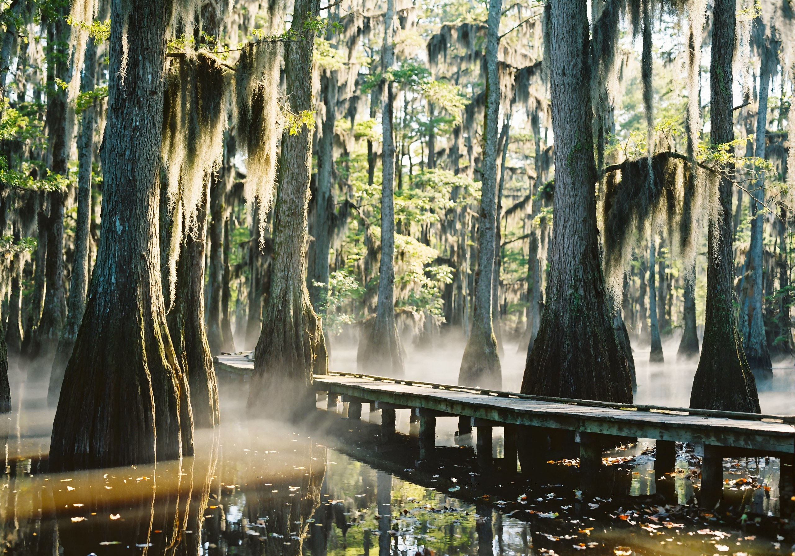 Tall cypress and tupelo trees with Spanish moss rise out of misty tea-colored water beside a simple wooden boardwalk on low pilings, early morning sunlight filtering through the canopy