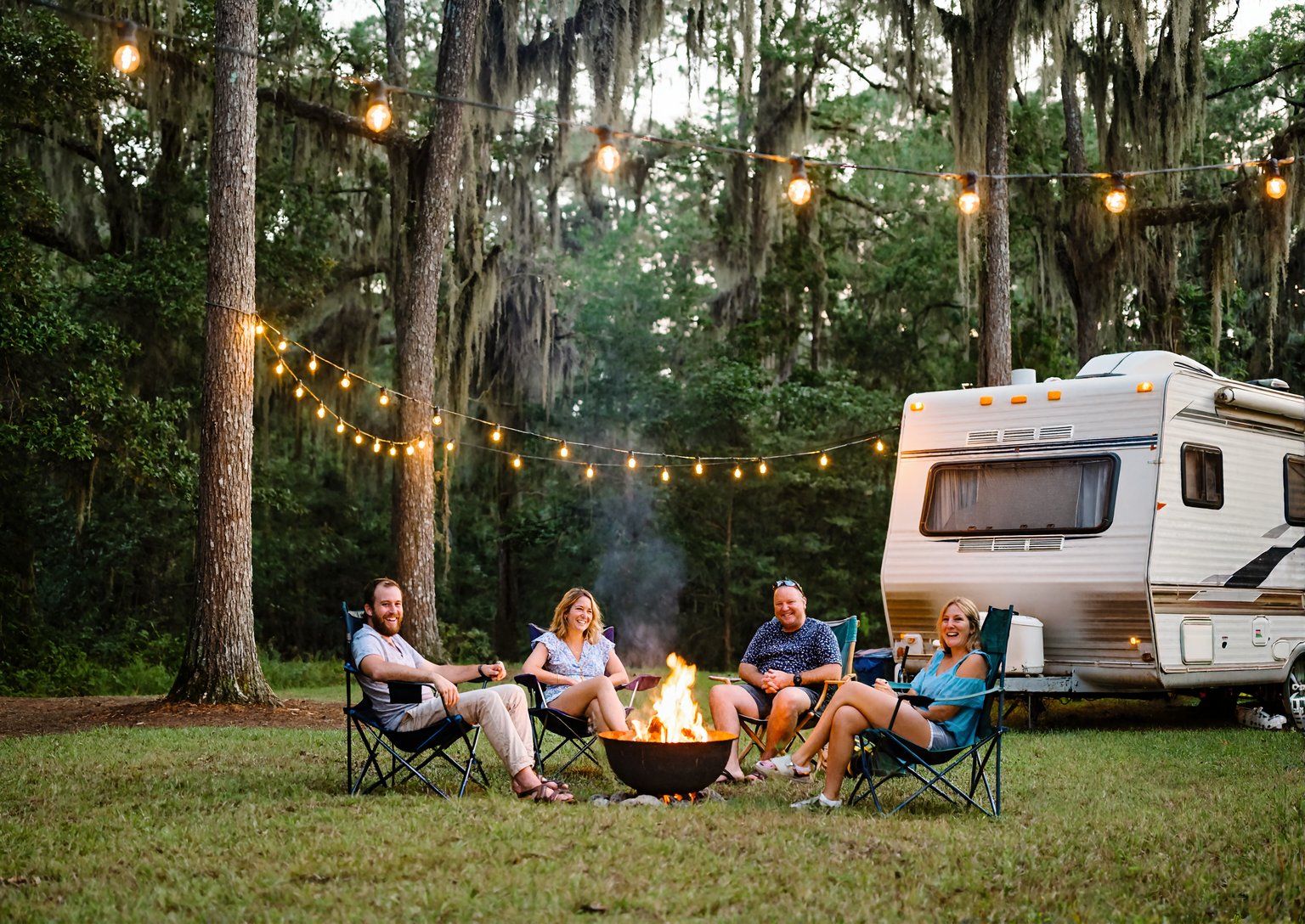 Friends relaxing around a campfire with string lights beside an RV at a wooded Louisiana campground at dusk